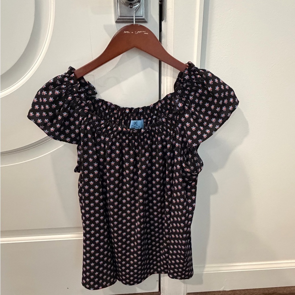 CeCe Black Smocked Off-Shoulder Blouse with Pink Floral Print